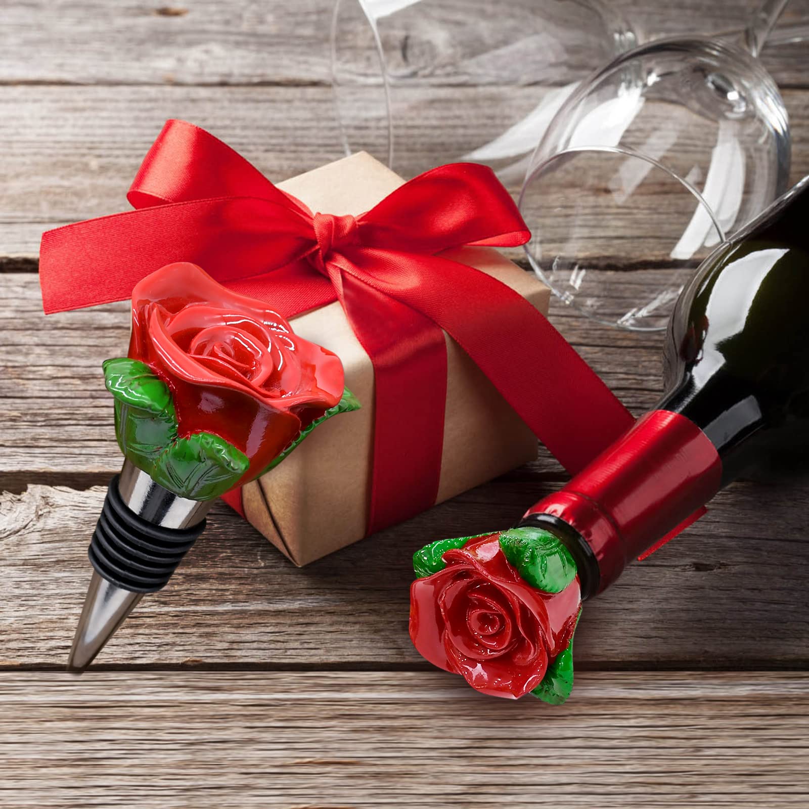 Mother's Day Souvenir Gifts Supplies - Rose Bottle Wine Stoppers, Novelty Resin Metal Wine Bottle Stopper, 5 Inches, Red Rose, Reusable for Beer & Wine