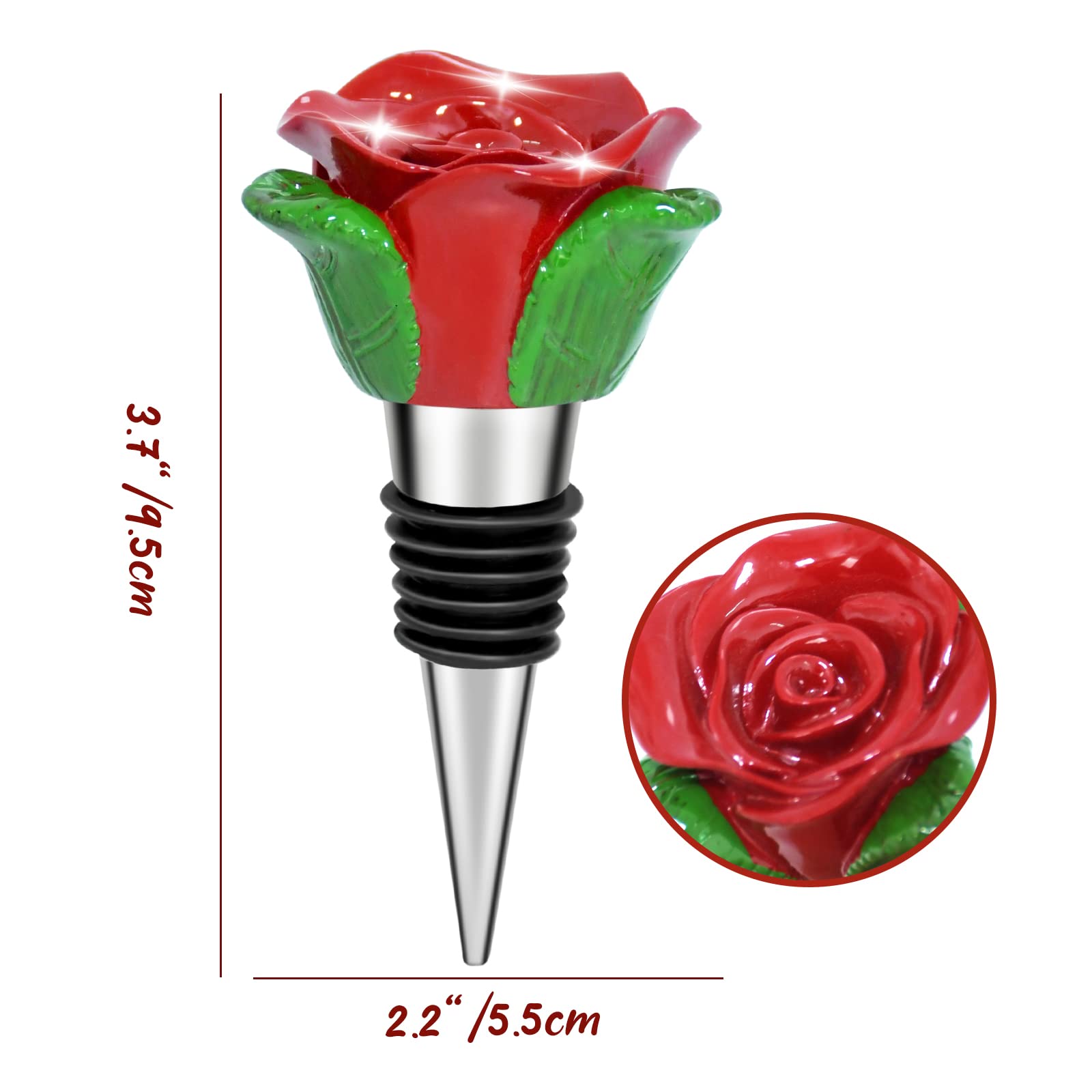 Mother's Day Souvenir Gifts Supplies - Rose Bottle Wine Stoppers, Novelty Resin Metal Wine Bottle Stopper, 5 Inches, Red Rose, Reusable for Beer & Wine