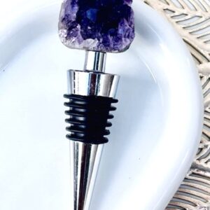 LUXE CRYSTAL CO. Natural Amethyst Teeth Raw Crystal Wine Stopper Bottle Gold Silver Handmade Wine Champagne Gifts for Her Bridal Shower Minimalist Decor (Silver)