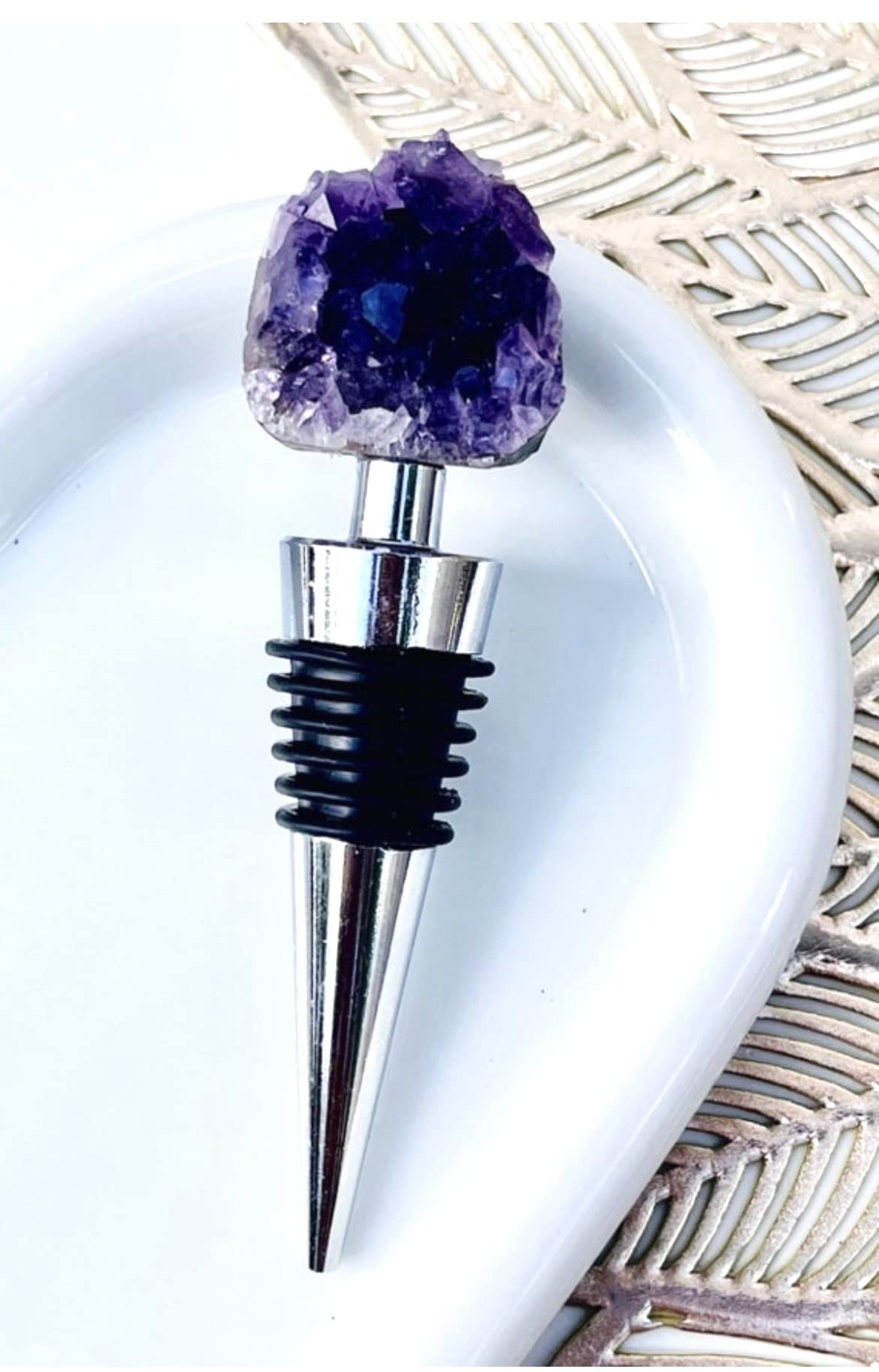 LUXE CRYSTAL CO. Natural Amethyst Teeth Raw Crystal Wine Stopper Bottle Gold Silver Handmade Wine Champagne Gifts for Her Bridal Shower Minimalist Decor (Silver)