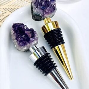 LUXE CRYSTAL CO. Natural Amethyst Teeth Raw Crystal Wine Stopper Bottle Gold Silver Handmade Wine Champagne Gifts for Her Bridal Shower Minimalist Decor (Silver)