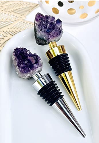 LUXE CRYSTAL CO. Natural Amethyst Teeth Raw Crystal Wine Stopper Bottle Gold Silver Handmade Wine Champagne Gifts for Her Bridal Shower Minimalist Decor (Silver)