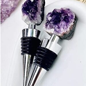 LUXE CRYSTAL CO. Natural Amethyst Teeth Raw Crystal Wine Stopper Bottle Gold Silver Handmade Wine Champagne Gifts for Her Bridal Shower Minimalist Decor (Silver)