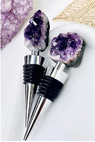 LUXE CRYSTAL CO. Natural Amethyst Teeth Raw Crystal Wine Stopper Bottle Gold Silver Handmade Wine Champagne Gifts for Her Bridal Shower Minimalist Decor (Silver)