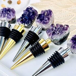 LUXE CRYSTAL CO. Natural Amethyst Teeth Raw Crystal Wine Stopper Bottle Gold Silver Handmade Wine Champagne Gifts for Her Bridal Shower Minimalist Decor (Silver)