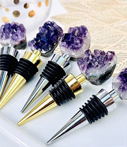 LUXE CRYSTAL CO. Natural Amethyst Teeth Raw Crystal Wine Stopper Bottle Gold Silver Handmade Wine Champagne Gifts for Her Bridal Shower Minimalist Decor (Silver)