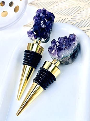 LUXE CRYSTAL CO. Natural Amethyst Teeth Raw Crystal Wine Stopper Bottle Gold Silver Handmade Wine Champagne Gifts for Her Bridal Shower Minimalist Decor (Silver)