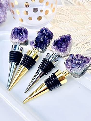 LUXE CRYSTAL CO. Natural Amethyst Teeth Raw Crystal Wine Stopper Bottle Gold Silver Handmade Wine Champagne Gifts for Her Bridal Shower Minimalist Decor (Silver)