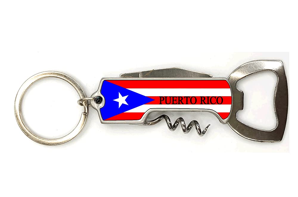 Puerto Rico Flag 3 in 1 Corkscrew Metal Bottle Opener Key Chain- Puerto Rico Souvenirs