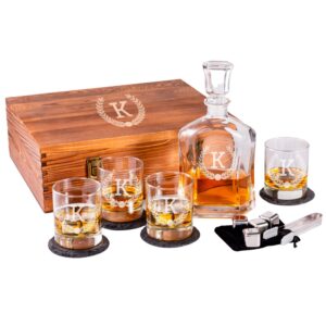 froolu personalized whiskey set in wooden gift box - includes decanter, 4 scotch glasses, 4 natural slate coasters, 8 chilling stones & tongs - great mens home bar gift for him, husband, dad