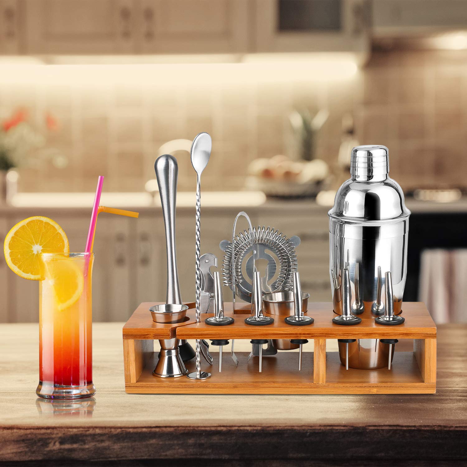 Olebes Bartender Kit, 13-Piece Home Bar Cocktail Shaker Bar Set with Stylish Bamboo Stand, Stainless Steel Bar Tool Set, Great for Home Bartending Kit for Drink Mixing