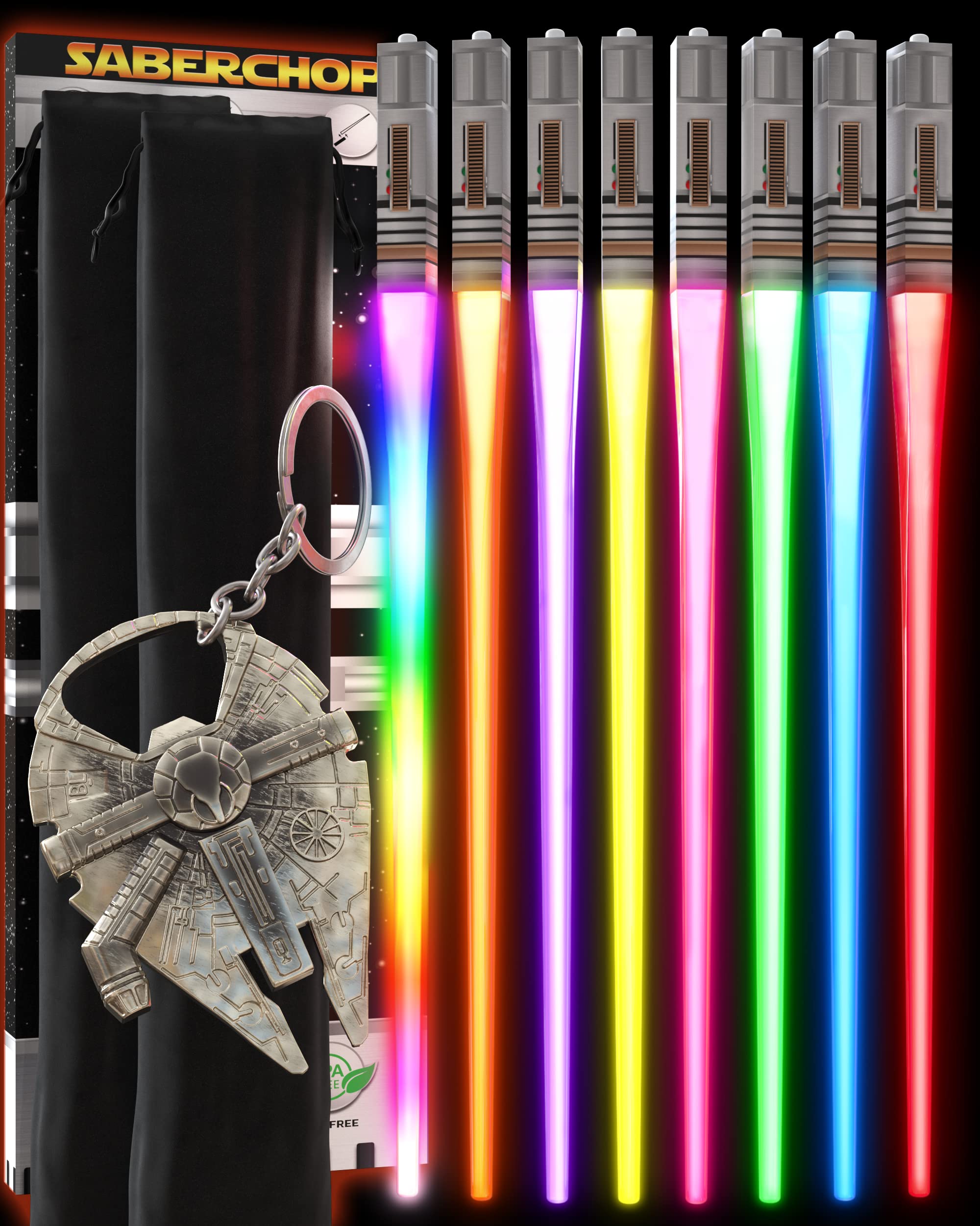 SaberChops Lightsaber Chopsticks Light Up Star Wars LED Reusable 8 Color Modes - 4 PAIRS FREE Millennium Falcon Keychain Bottle Opener Multicolor