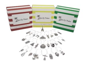 palm city products around the world wine charm set with food, wine, and travel themed sets - 28 piece bundled set