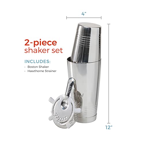 Crafthouse by Fortessa Classic Mixed Cocktail Drink Barware Shaker Set with Boston Shaker and Hawthorne Strainer, 2 Piece Set, Stainless Steel, CRFCC.SHAKERSET