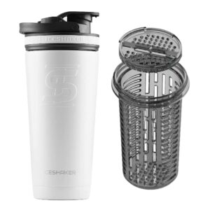 Ice Shaker 26 Oz Shaker Bottle, Stainless Steel Water Bottle and Protein Shaker, White + Fruit Infuser Attachment