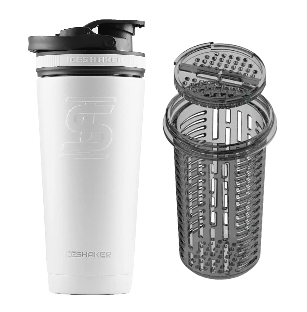 Ice Shaker 26 Oz Shaker Bottle, Stainless Steel Water Bottle and Protein Shaker, White + Fruit Infuser Attachment