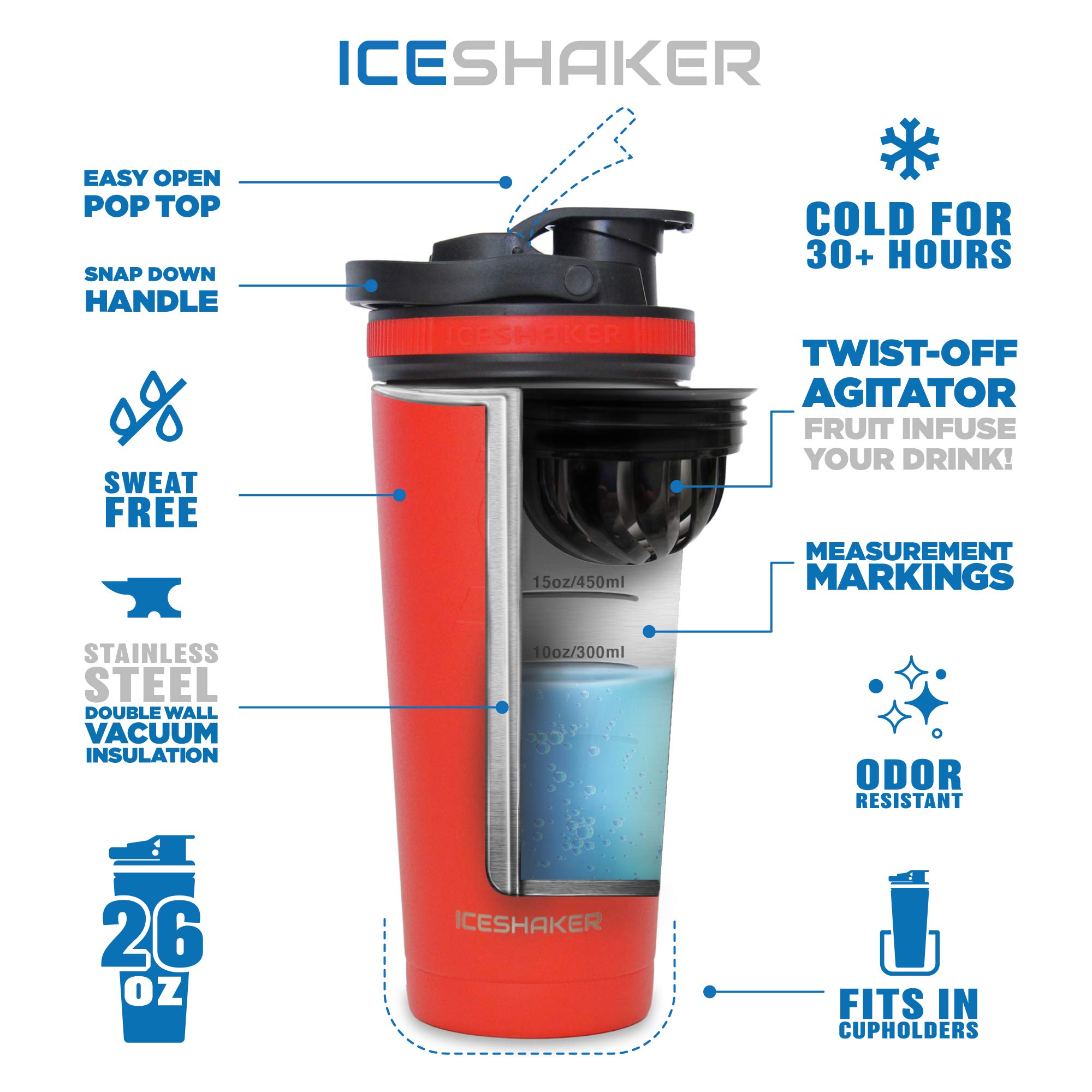 Ice Shaker 26 Oz Shaker Bottle, Stainless Steel Water Bottle and Protein Shaker, White + Fruit Infuser Attachment