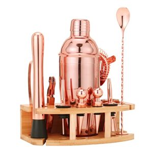 jnwinog cocktail shaker set,12pcs-shakers bartending with 25oz martini shaker and bamboo stand, cocktail mix drink making kit professional for bartender(rose copper)