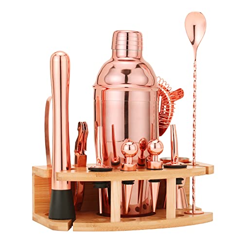 JNWINOG Cocktail Shaker Set,12Pcs-Shakers Bartending with 25oz Martini Shaker and Bamboo Stand, Cocktail Mix Drink Making Kit Professional for Bartender(Rose Copper)