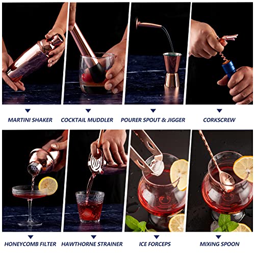 JNWINOG Cocktail Shaker Set,12Pcs-Shakers Bartending with 25oz Martini Shaker and Bamboo Stand, Cocktail Mix Drink Making Kit Professional for Bartender(Rose Copper)