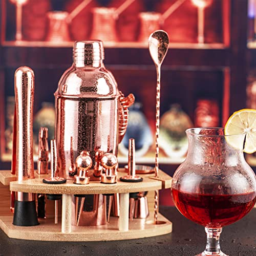 JNWINOG Cocktail Shaker Set,12Pcs-Shakers Bartending with 25oz Martini Shaker and Bamboo Stand, Cocktail Mix Drink Making Kit Professional for Bartender(Rose Copper)