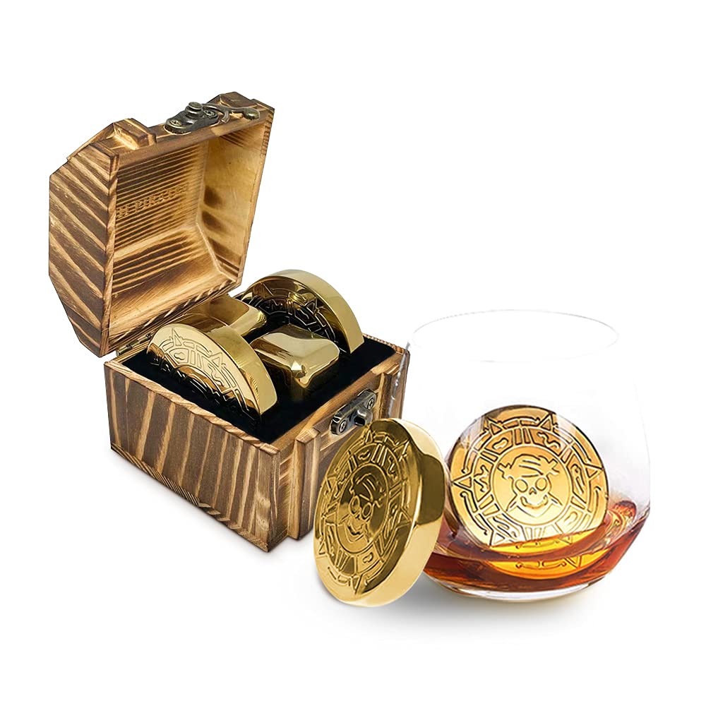 New Pirate Themed Gold Whiskey Coin and Cube Set, Stainless Steel Whiskey Chilling Stones | 4pc Set with Wooden Chest | Whiskey Gift for Men, Dad, Husband, Boyfriend