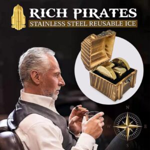 New Pirate Themed Gold Whiskey Coin and Cube Set, Stainless Steel Whiskey Chilling Stones | 4pc Set with Wooden Chest | Whiskey Gift for Men, Dad, Husband, Boyfriend