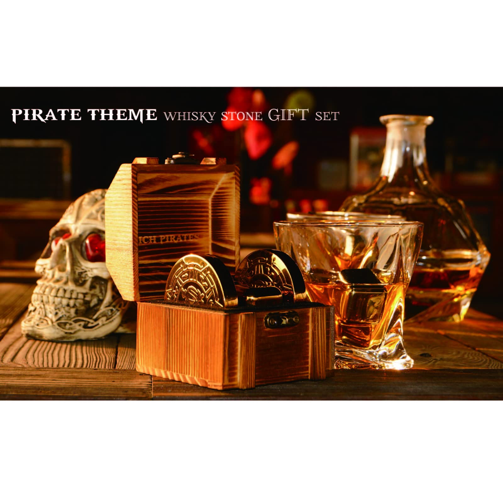 New Pirate Themed Gold Whiskey Coin and Cube Set, Stainless Steel Whiskey Chilling Stones | 4pc Set with Wooden Chest | Whiskey Gift for Men, Dad, Husband, Boyfriend