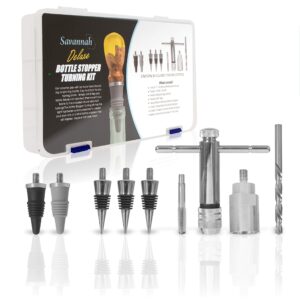 deluxe bottle stopper turning kit with 2 silicone stoppers 3 classic chrome stoppers 19/64 inch drill bit 1 inch 8 tpi chuck and ratcheting handle with 3/8 inch tap