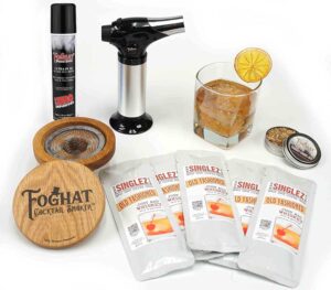 the foghat cocktail smoker and old fashioned smoked cocktail kit with torch and butane refill - bourbon barrel oak wood chips and 5 singlez bar old fasioned mix packets - whiskey smoker kit for drinks