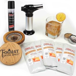 The Foghat Cocktail Smoker and Old Fashioned Smoked Cocktail Kit with Torch and Butane Refill - Bourbon Barrel Oak Wood Chips and 5 Singlez Bar Old Fasioned Mix Packets - Whiskey Smoker Kit For Drinks