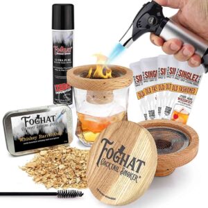 The Foghat Cocktail Smoker and Old Fashioned Smoked Cocktail Kit with Torch and Butane Refill - Bourbon Barrel Oak Wood Chips and 5 Singlez Bar Old Fasioned Mix Packets - Whiskey Smoker Kit For Drinks