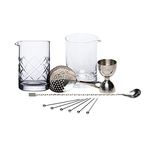 A Bar Above Diamond Cut Mixing Glass + 10pc Bar Set (Silver Bundle) - Professional Bar Mixing Glass + 10 Piece Stirred Craft Cocktail Set w/Mixing Glass, Bar Spoon, Bell Jigger, Cocktail Picks & More