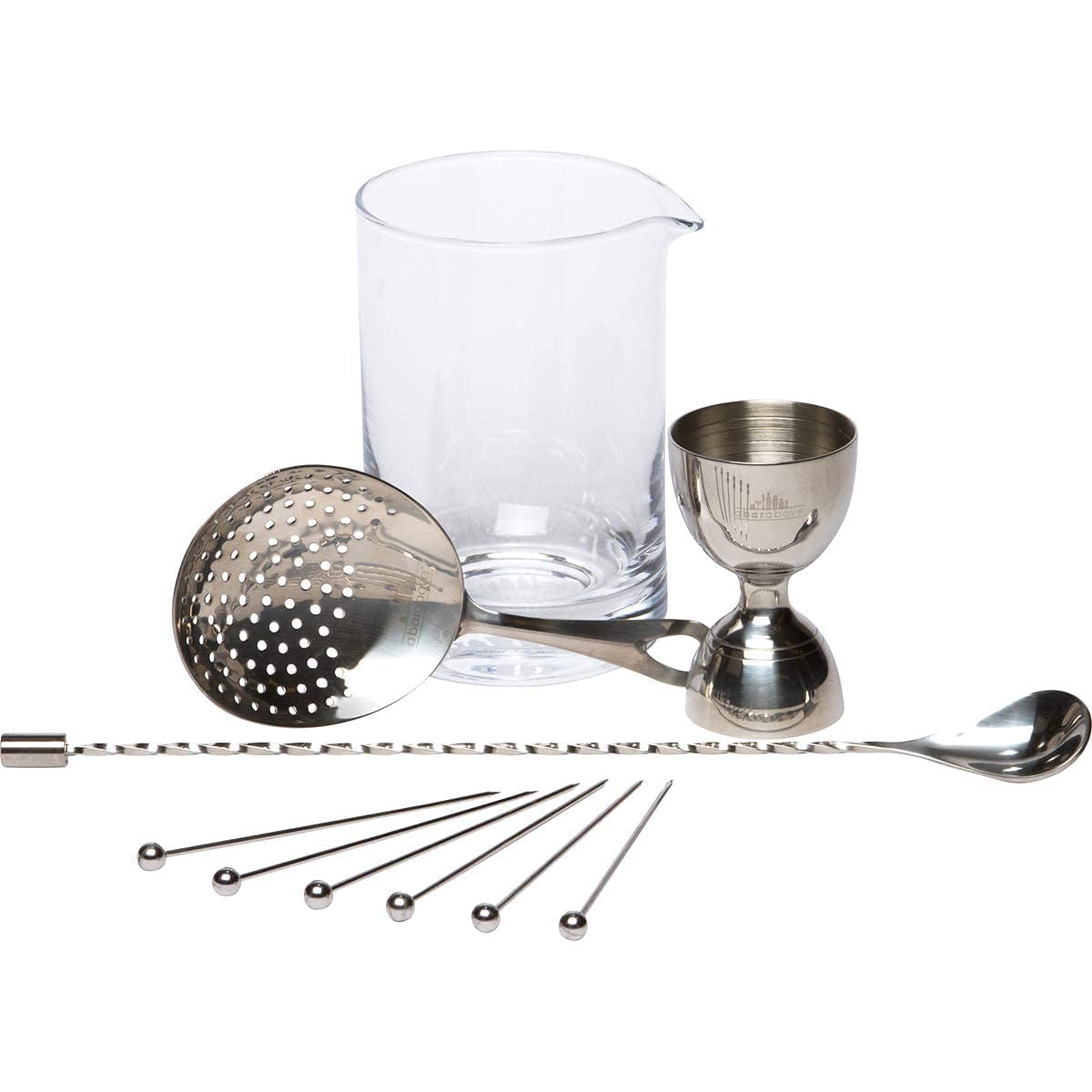 A Bar Above Diamond Cut Mixing Glass + 10pc Bar Set (Silver Bundle) - Professional Bar Mixing Glass + 10 Piece Stirred Craft Cocktail Set w/Mixing Glass, Bar Spoon, Bell Jigger, Cocktail Picks & More