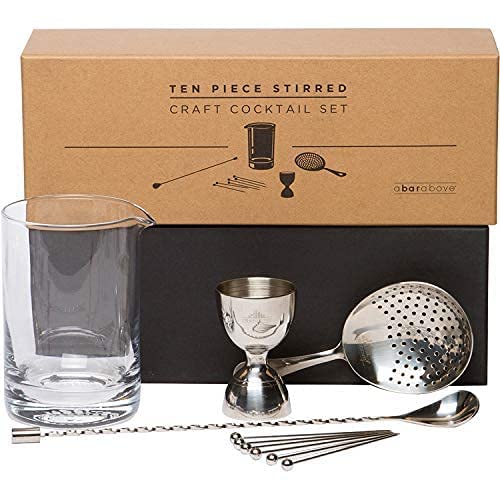 A Bar Above Diamond Cut Mixing Glass + 10pc Bar Set (Silver Bundle) - Professional Bar Mixing Glass + 10 Piece Stirred Craft Cocktail Set w/Mixing Glass, Bar Spoon, Bell Jigger, Cocktail Picks & More