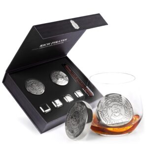 new pirate themed silver whiskey decanter and coin set, stainless steel whiskey chilling stones | 6pc set with chest | whiskey gift for men, dad, husband, boyfriend