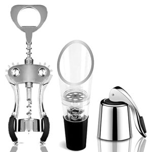corkscrew wine opener with wine aerator pourer spout and stainless steel bottle stopper, 3 piece wine preserver and accessories set for home bar, cork remover and stopper to keep wine fresh