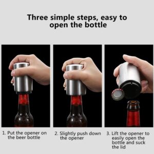 Automatic Beer Bottle Opener, Push Down and Pop Off Bottle Opener, Glass Soda Bottle Opener, No Damage to Bottle Cap with Magnet (Silver)