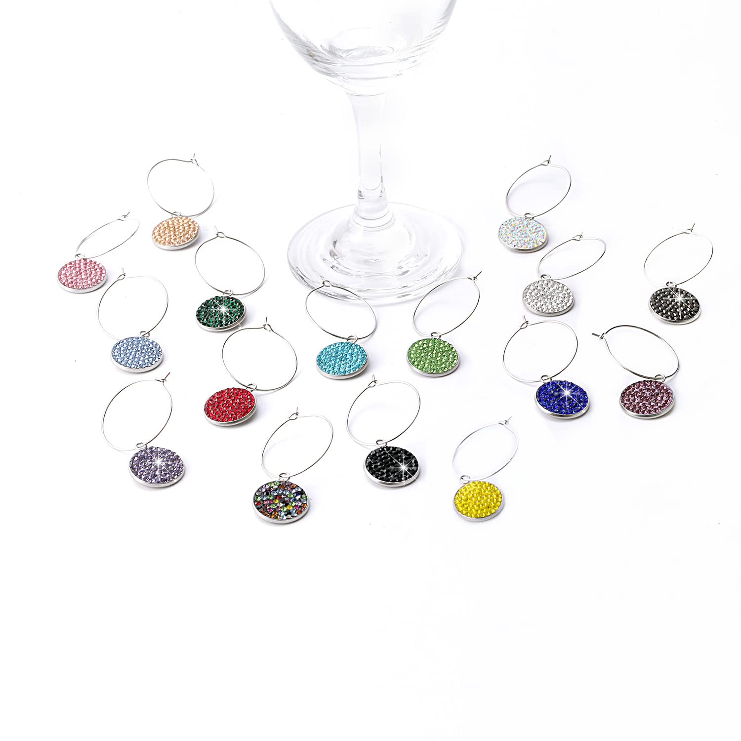 16pcs Bling Wine Glass Charms Markers Tags, Wine Charms for Stem Glasses, Wine Glass Identifier Tags with Bling Rhinestones Crystal for Stem Glasses Tasting Party Favors New Year.