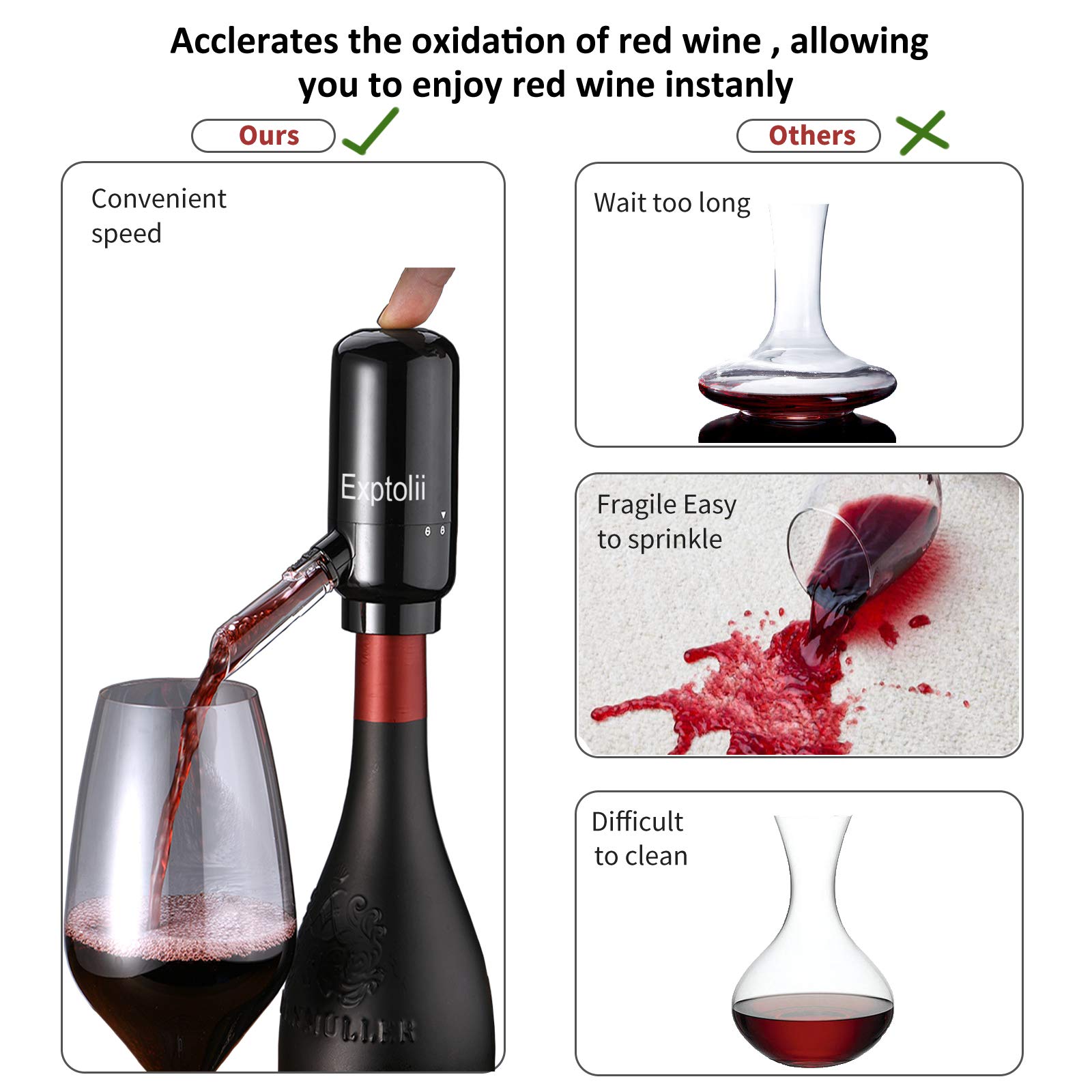 Exptolii Electric Wine Aerator Pourer, Automatic One-Touch Wine Decanter and Wine Dispenser Pump Wine Oxidizer for Red and White Wine