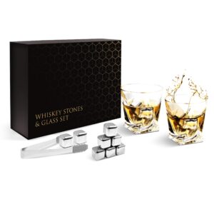 flybold whiskey glass set whiskey stones gift set whiskey rocks best man gifts for wedding with 8 stainless steel ice cubes for 3x faster cooling 2 glasses gift packing