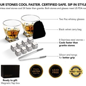 flybold Whiskey Glass Set Whiskey Stones Gift Set Whiskey Rocks Best Man Gifts for Wedding with 8 Stainless Steel Ice Cubes for 3X Faster Cooling 2 Glasses Gift Packing