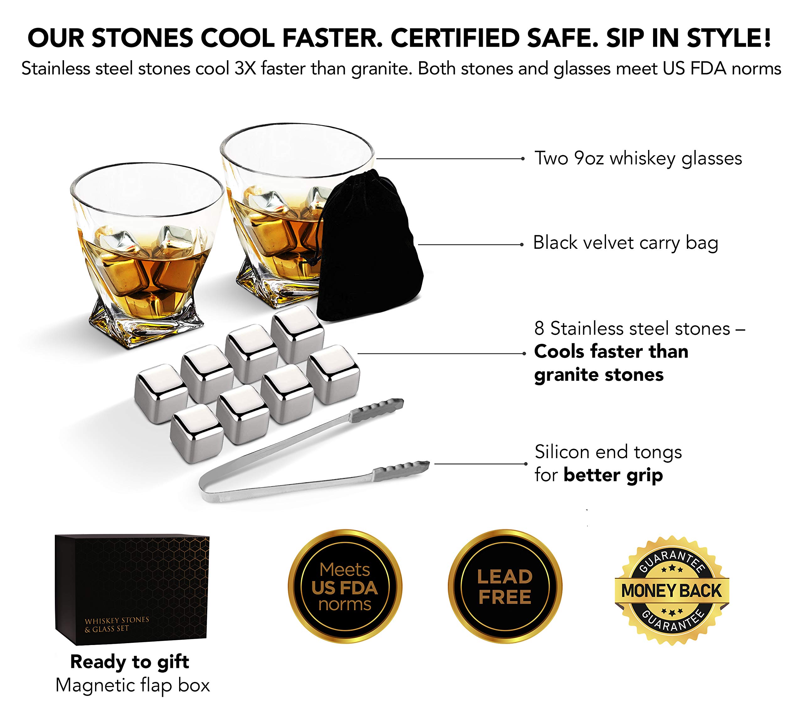 flybold Whiskey Glass Set Whiskey Stones Gift Set Whiskey Rocks Best Man Gifts for Wedding with 8 Stainless Steel Ice Cubes for 3X Faster Cooling 2 Glasses Gift Packing