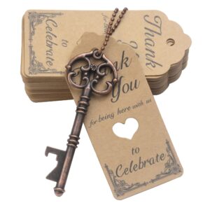 aokbean 52pcs vintage skeleton key bottle opener party favor wedding favor guest souvenir gift set with escort thank you tag card and keychain(antique copper)