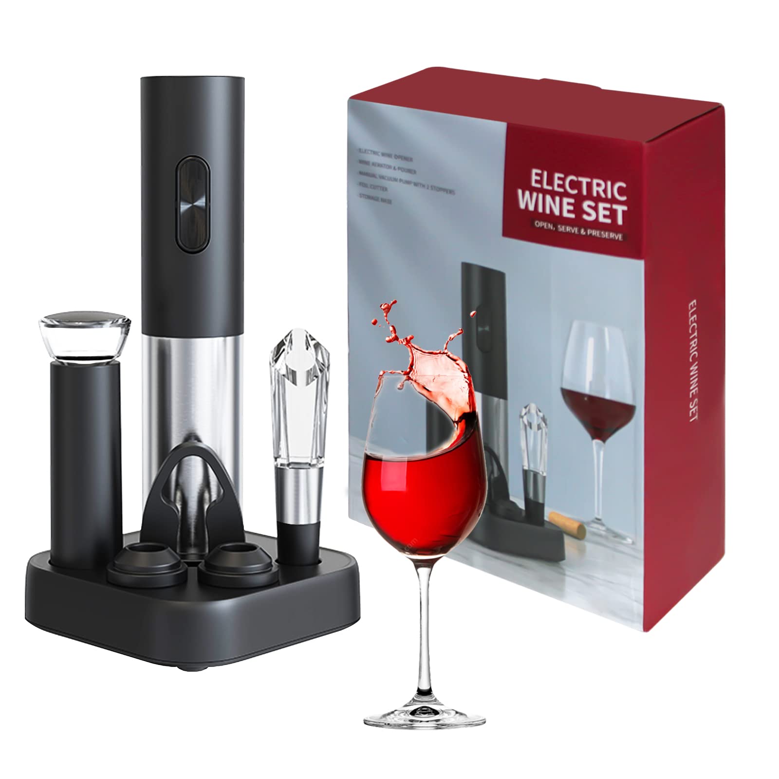 YMQHBS Wine Aerator Pourer, Electric Wine Opener Set 6PC, Automatic Bottle Opener Gifts Set Cordless Corkscrew Stainless Steel, with Vacuum Preserver