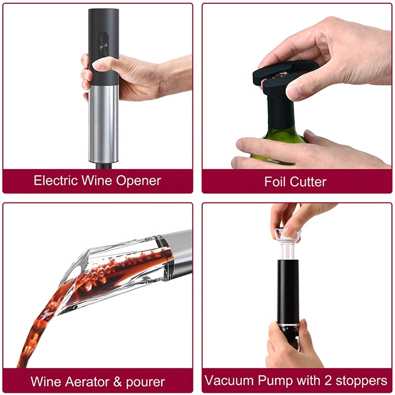 YMQHBS Wine Aerator Pourer, Electric Wine Opener Set 6PC, Automatic Bottle Opener Gifts Set Cordless Corkscrew Stainless Steel, with Vacuum Preserver