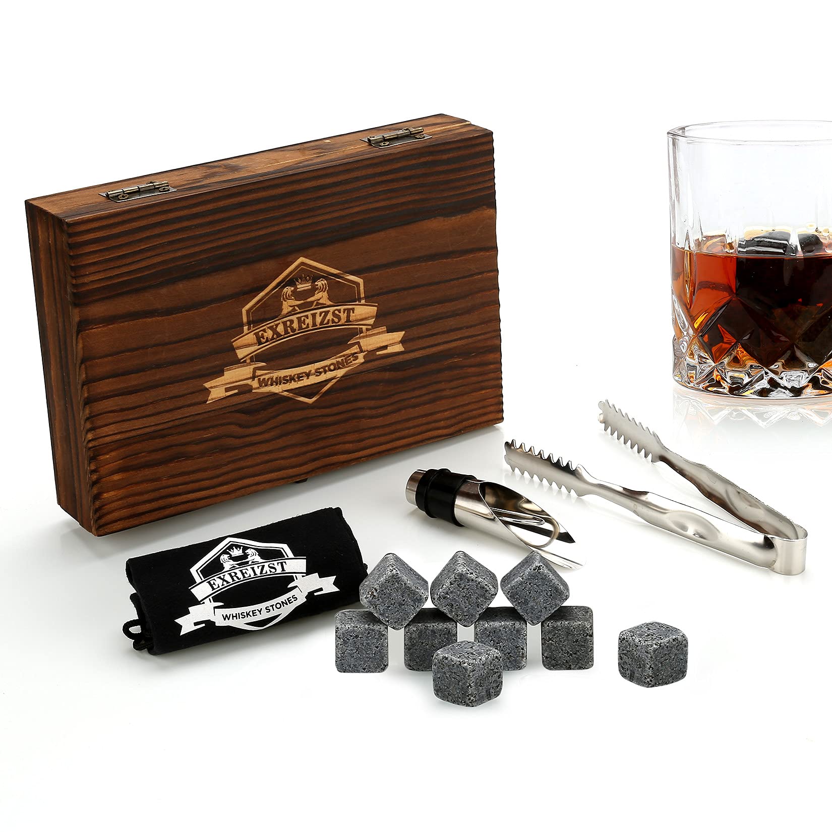 Whiskey Stones Gifts Set - 9 Granite Chilling Stones Whisky Rocks - Reusable Ice Cubes with Tongs Stopper, for Men Dad Party Birthday Anniversary Holiday Father's Day Present