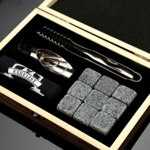 Whiskey Stones Gifts Set - 9 Granite Chilling Stones Whisky Rocks - Reusable Ice Cubes with Tongs Stopper, for Men Dad Party Birthday Anniversary Holiday Father's Day Present