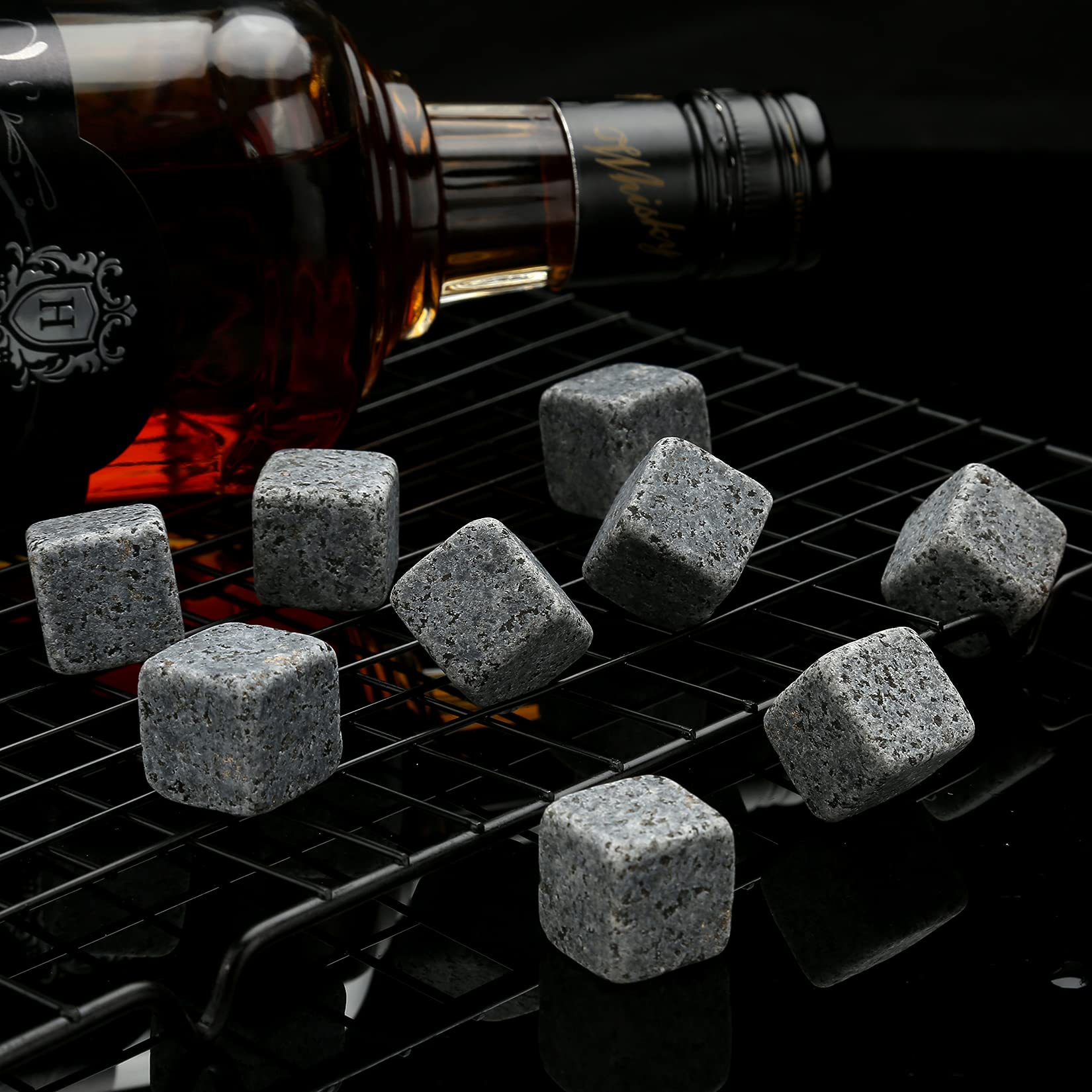 Whiskey Stones Gifts Set - 9 Granite Chilling Stones Whisky Rocks - Reusable Ice Cubes with Tongs Stopper, for Men Dad Party Birthday Anniversary Holiday Father's Day Present