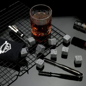 Whiskey Stones Gifts Set - 9 Granite Chilling Stones Whisky Rocks - Reusable Ice Cubes with Tongs Stopper, for Men Dad Party Birthday Anniversary Holiday Father's Day Present